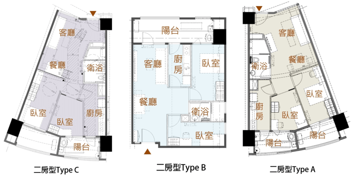 二房型(2房+1廳+1衛浴) 空間示意圖