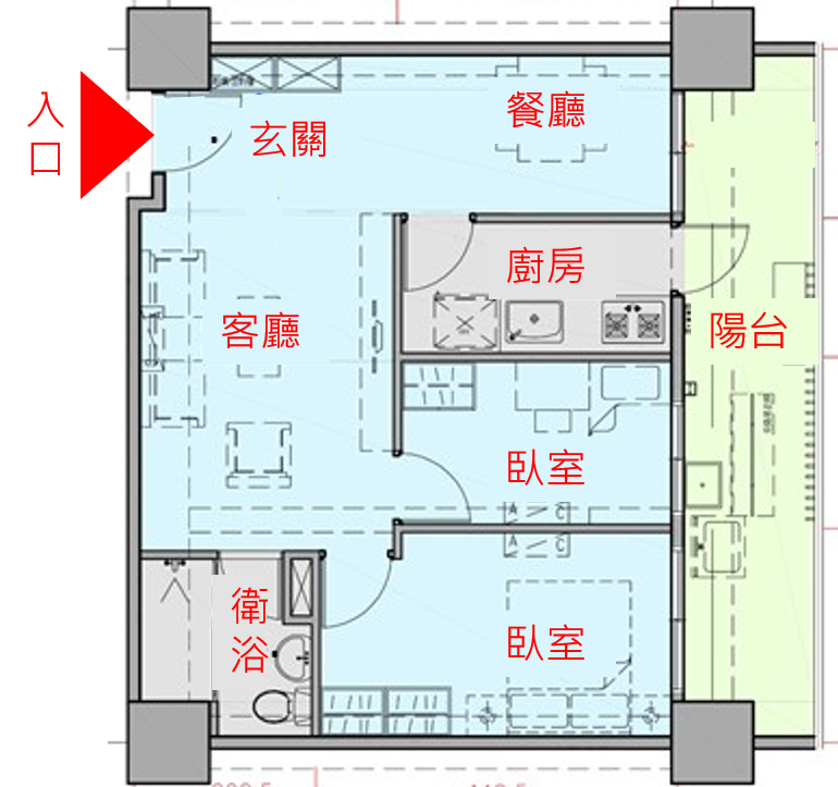 二房型(1廳+2房+1衛浴) 空間示意圖