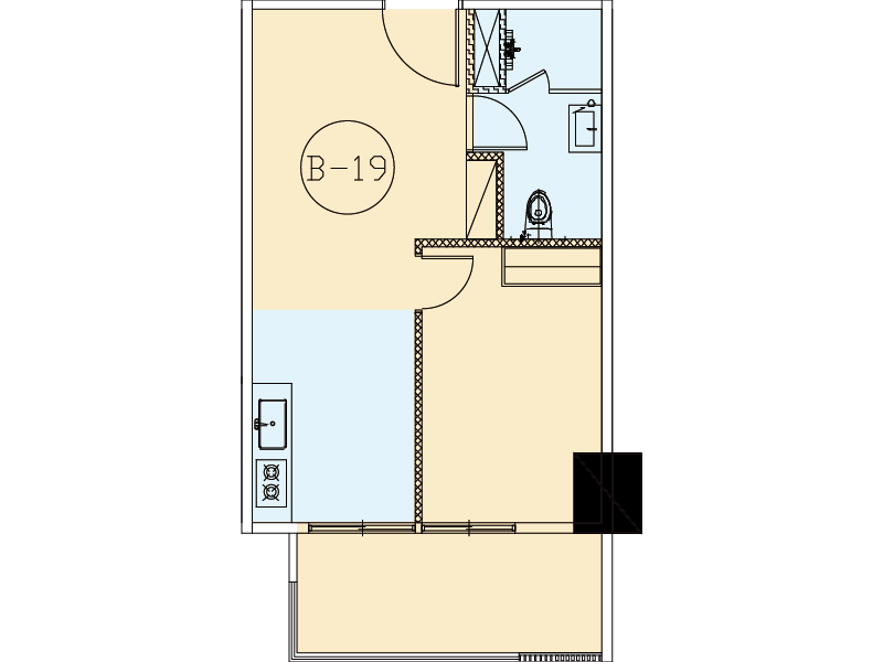 一房型(1廳+1房+1衛浴)空間示意圖