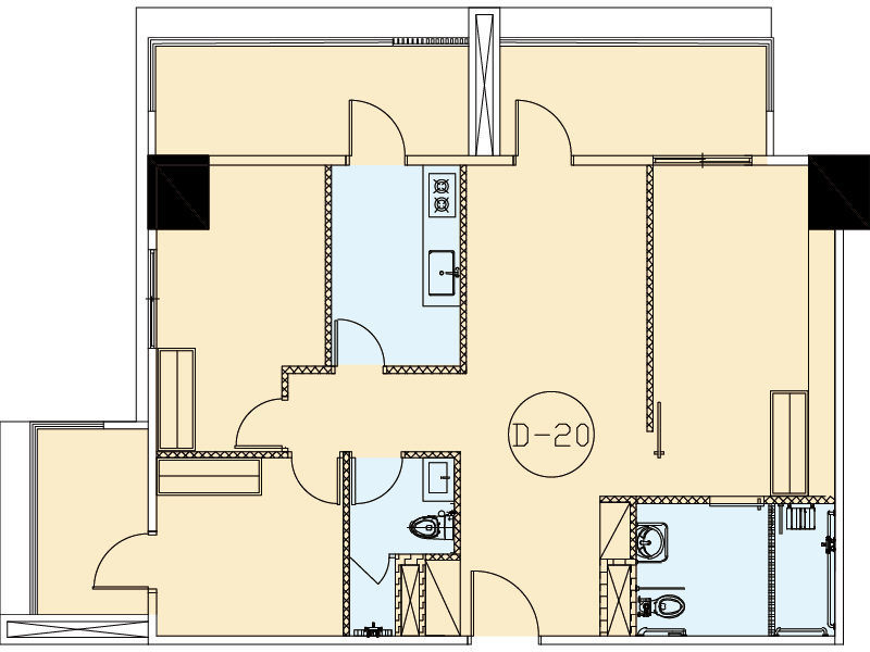三房型(1廳+3房+2衛浴)空間示意圖