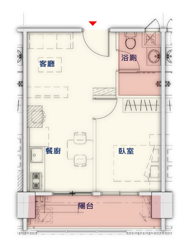 一房型(1廳+1房+1衛浴)空間示意圖