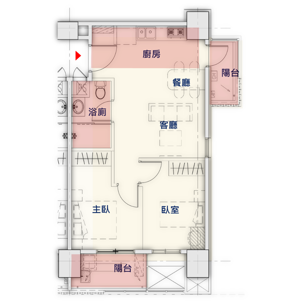 二房型(2廳+2房+1衛浴) 空間示意圖