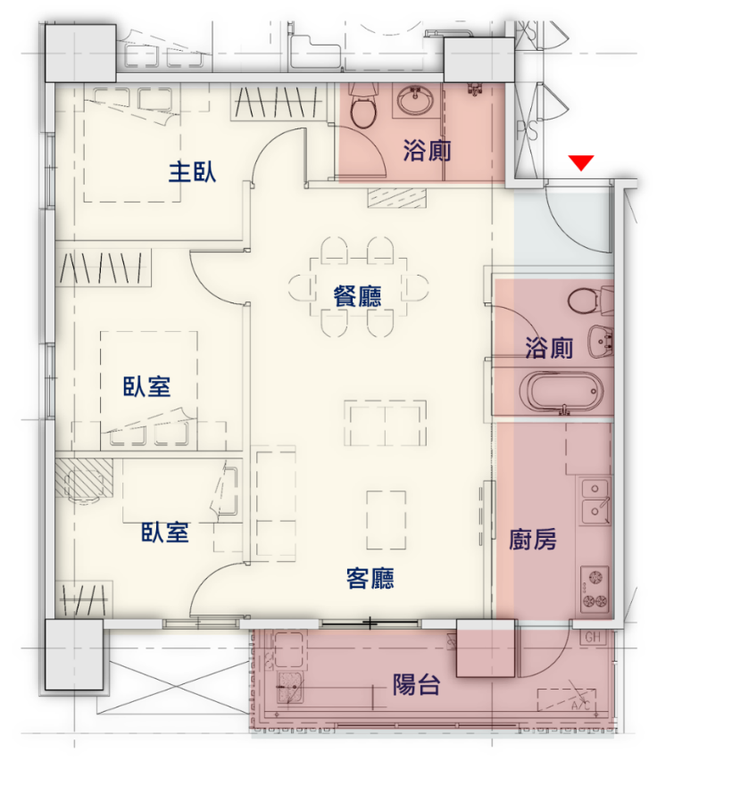 三房型(2廳+3房+2衛浴) 空間示意圖