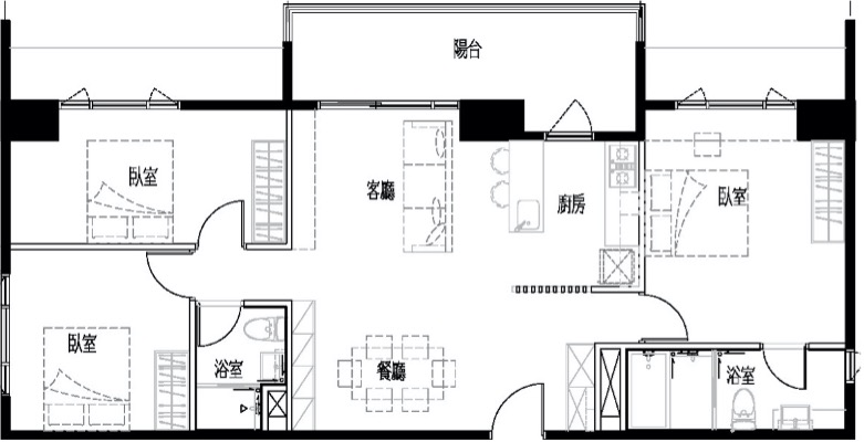 二房型(1廳+2房+1衛浴) 空間示意圖